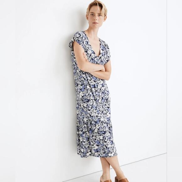 Madewell Button Front Ruffle Hem Midi Dress Purple Floral Large NWT - Picture 1 of 8